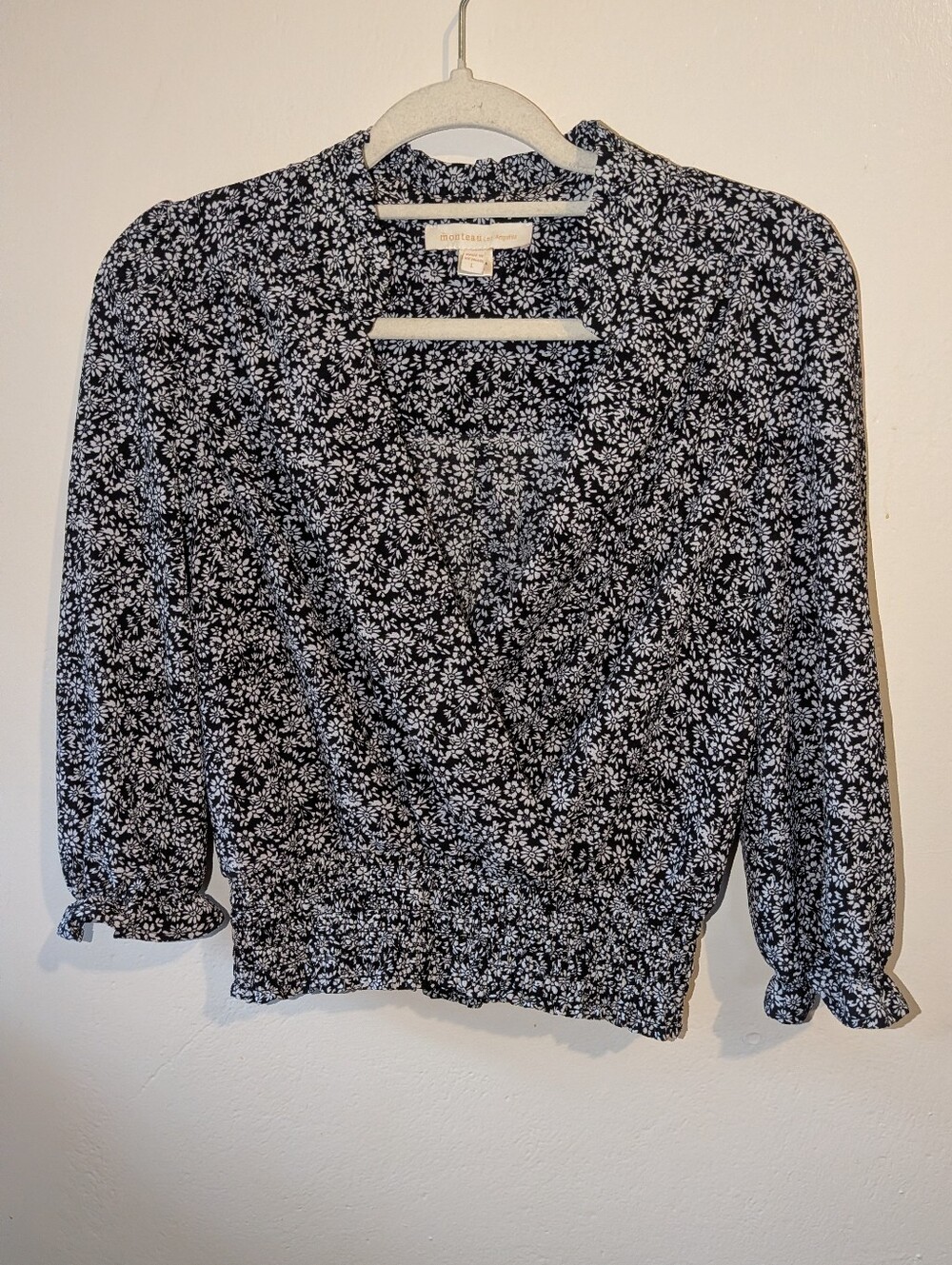 Monteau Black & White Floral Wrap-Style Blouse